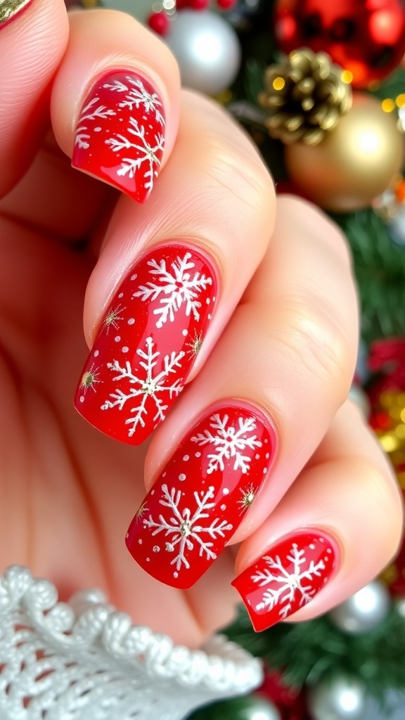 Festive Red Christmas Nail Art Close-up of red Christmas nail art with snowflakes and gold accents.